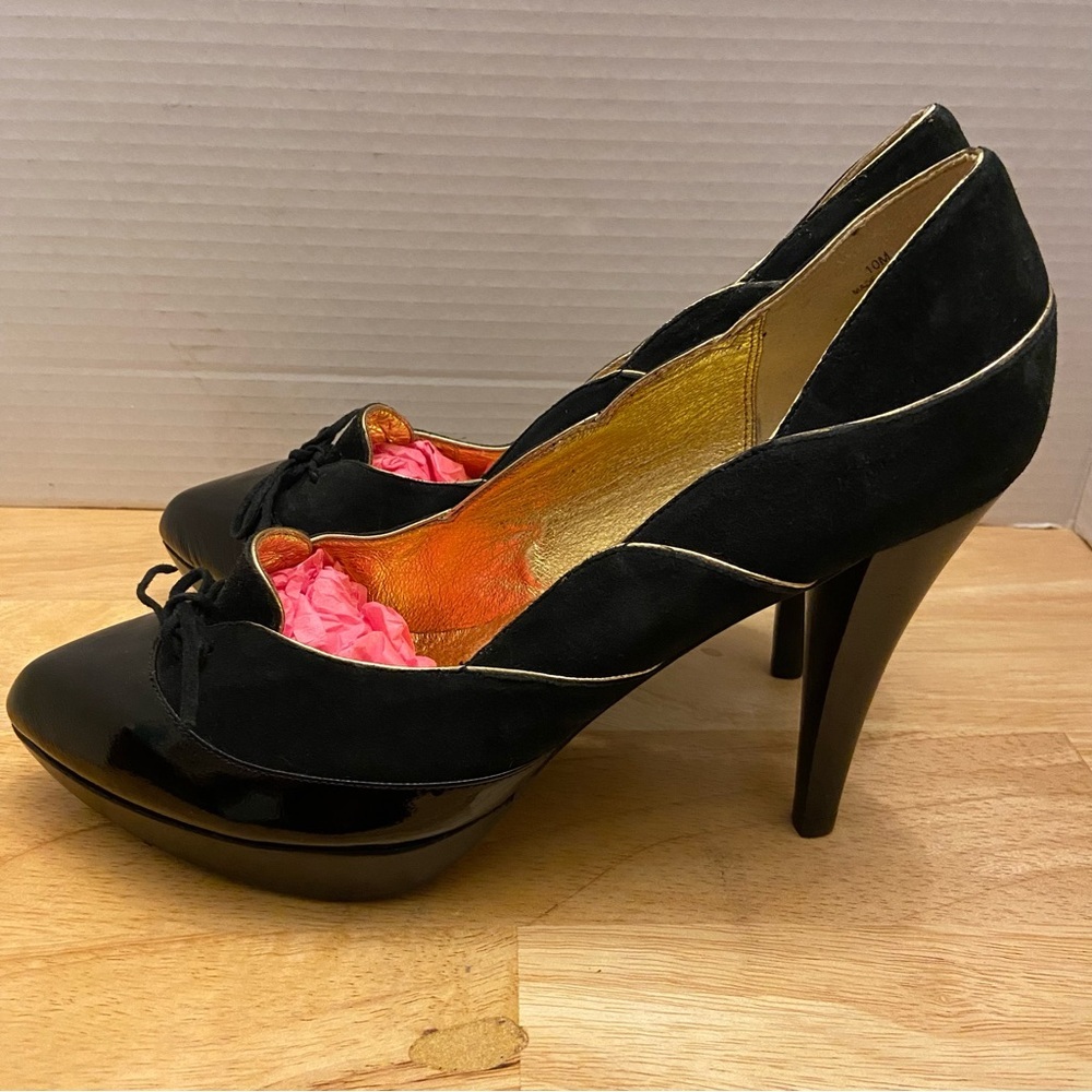 Lovely People Black And Gold Foil Scalloped Pointy Toe High Heel Shoes Size 10. - Picture 3 of 10